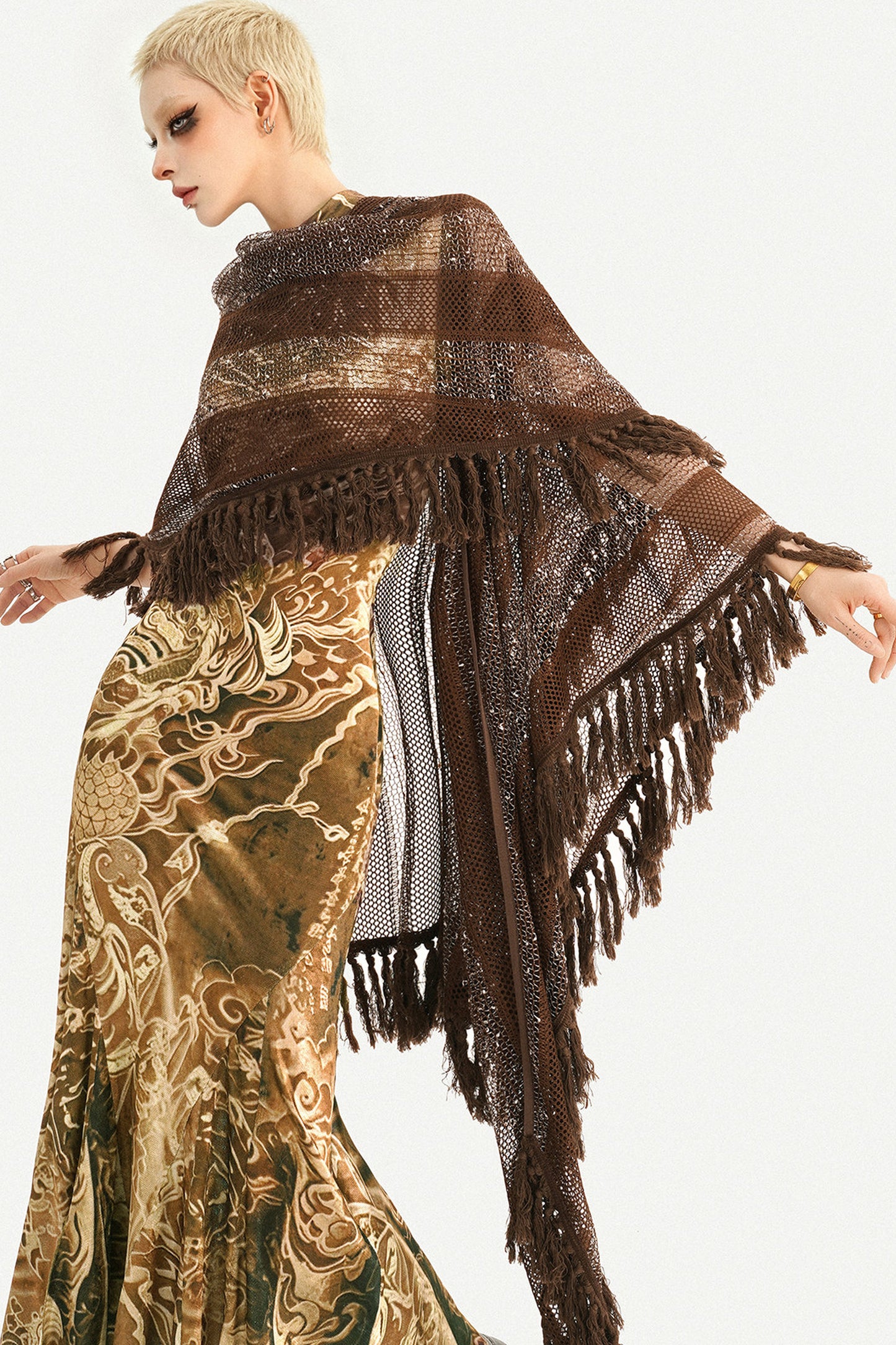 Long Brown Tassel Mesh Cardigan