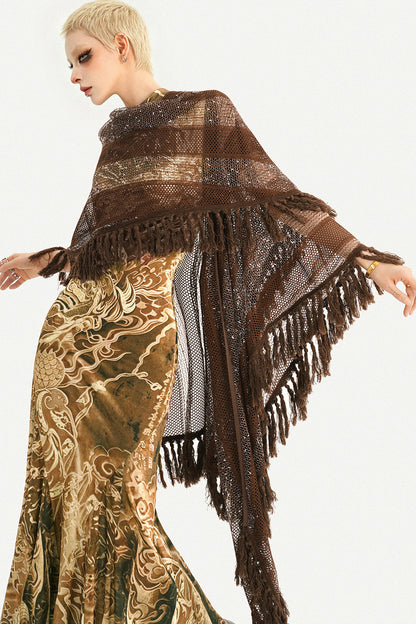 Long Brown Tassel Mesh Cardigan