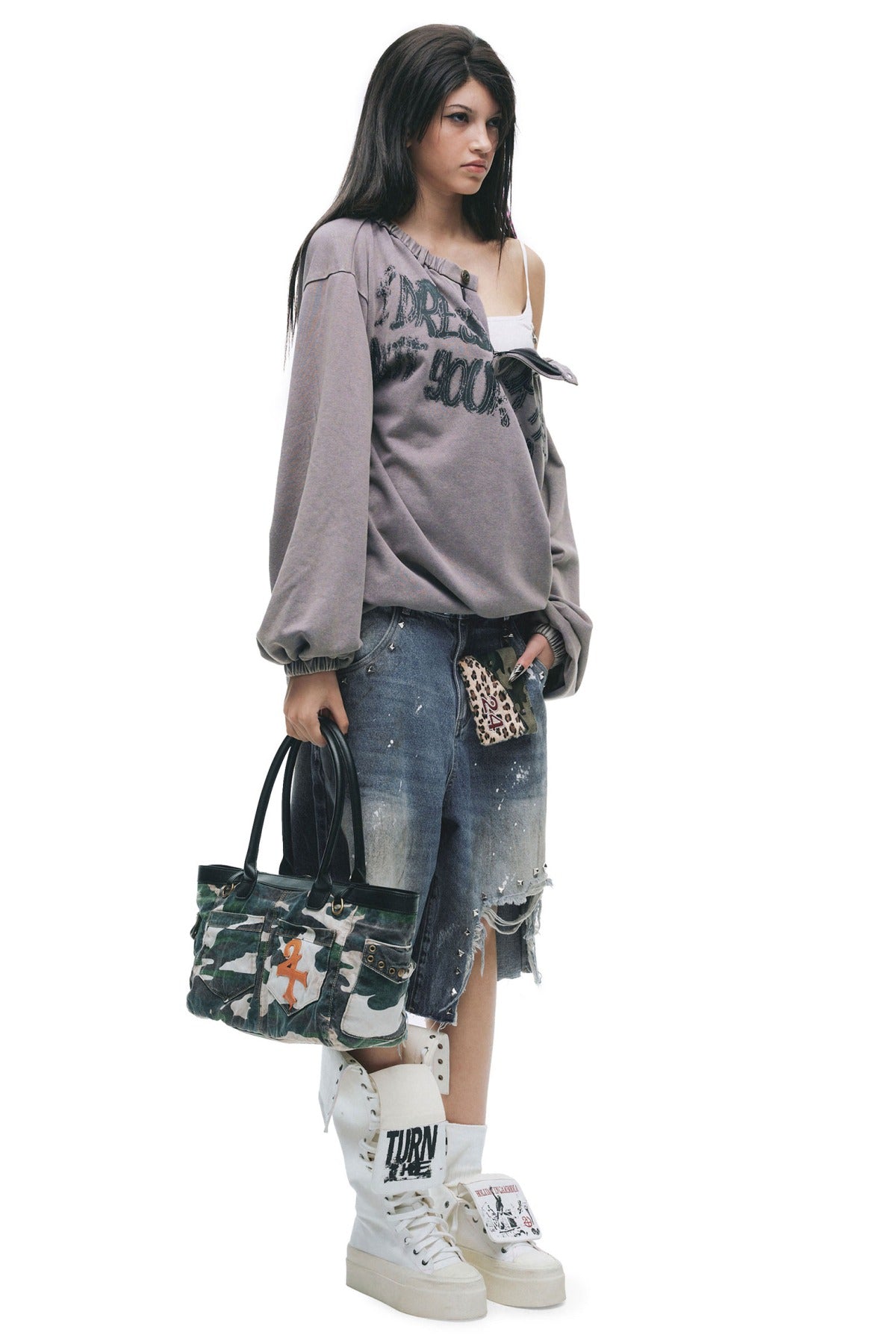 Cracked Graffiti Off-Shoulder T-Shirt