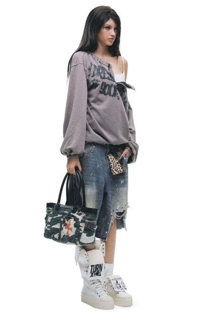 Cracked Graffiti Off-Shoulder T-Shirt