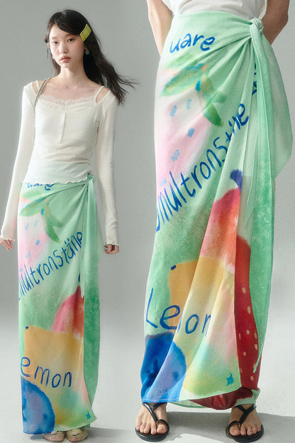 Hand-Painted Fruit Print T-Shirt and Wrap Skirt Set-Up