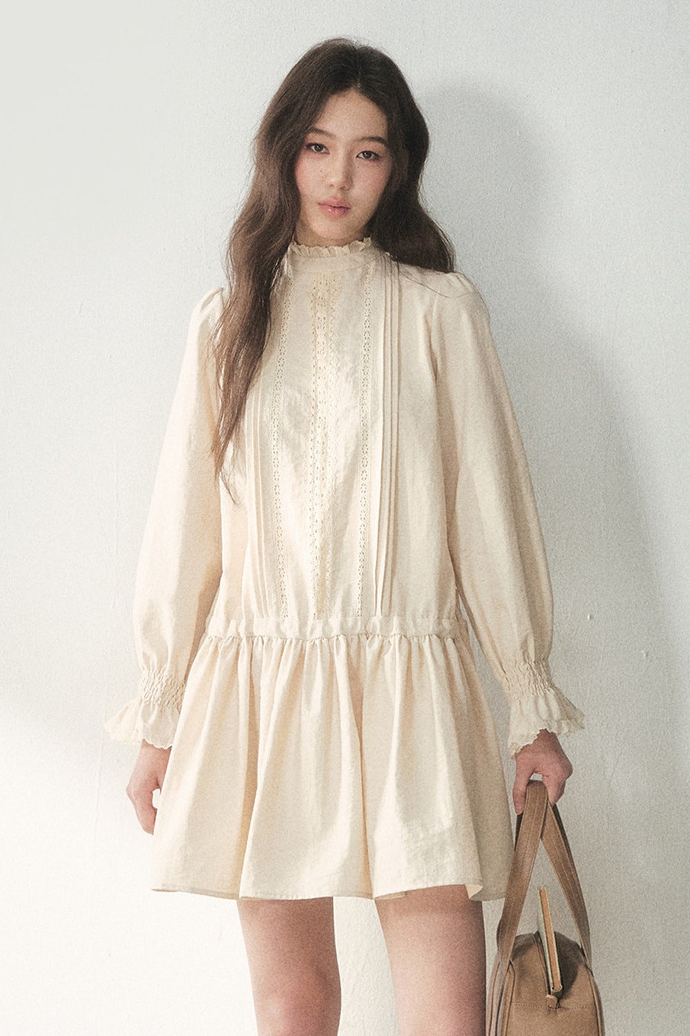 Lace High Collar Ruffle Dress