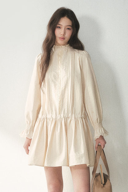 Lace High Collar Ruffle Dress