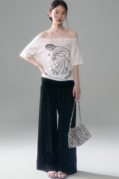Bird And Tulip Print One-Shoulder Tencel T-Shirt