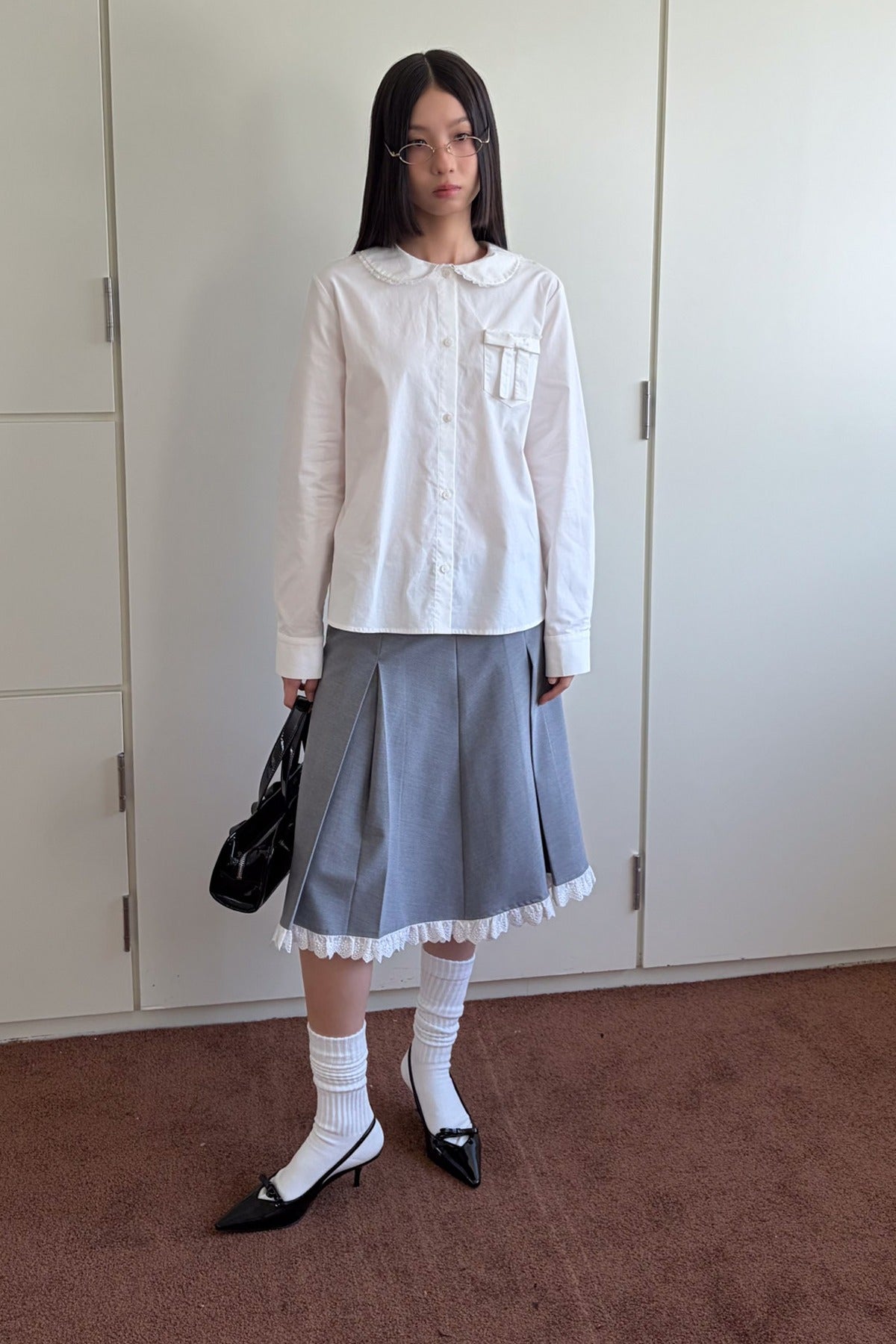 Gray Pleated Lace A-Line Skirt