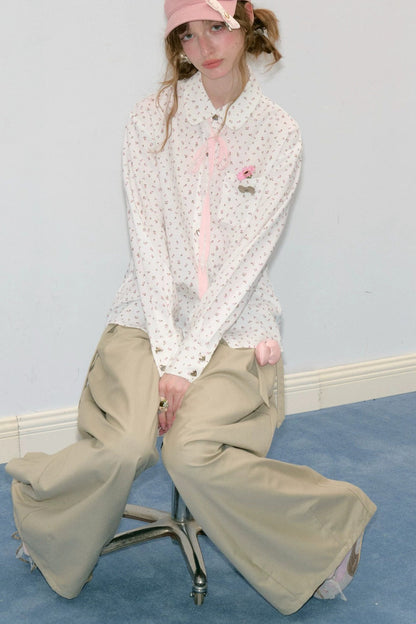 Lace-Up Doll Collar Floral Shirt