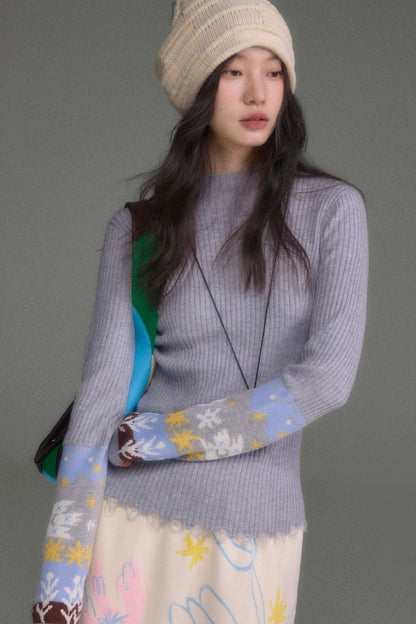 Wool Blend Bird Jacquard Knit Top