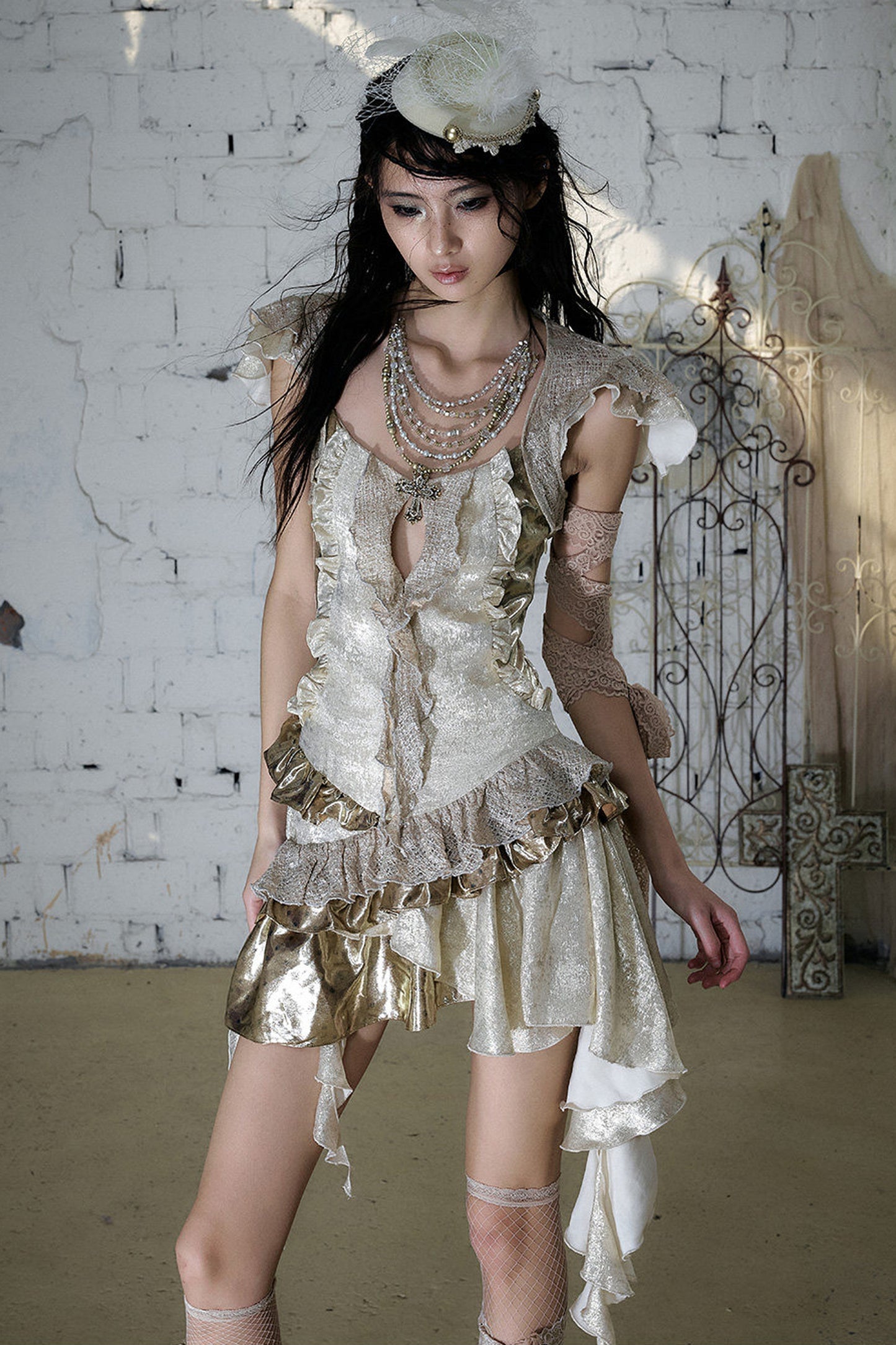 Baroque Gold Satin Ruffle Dress