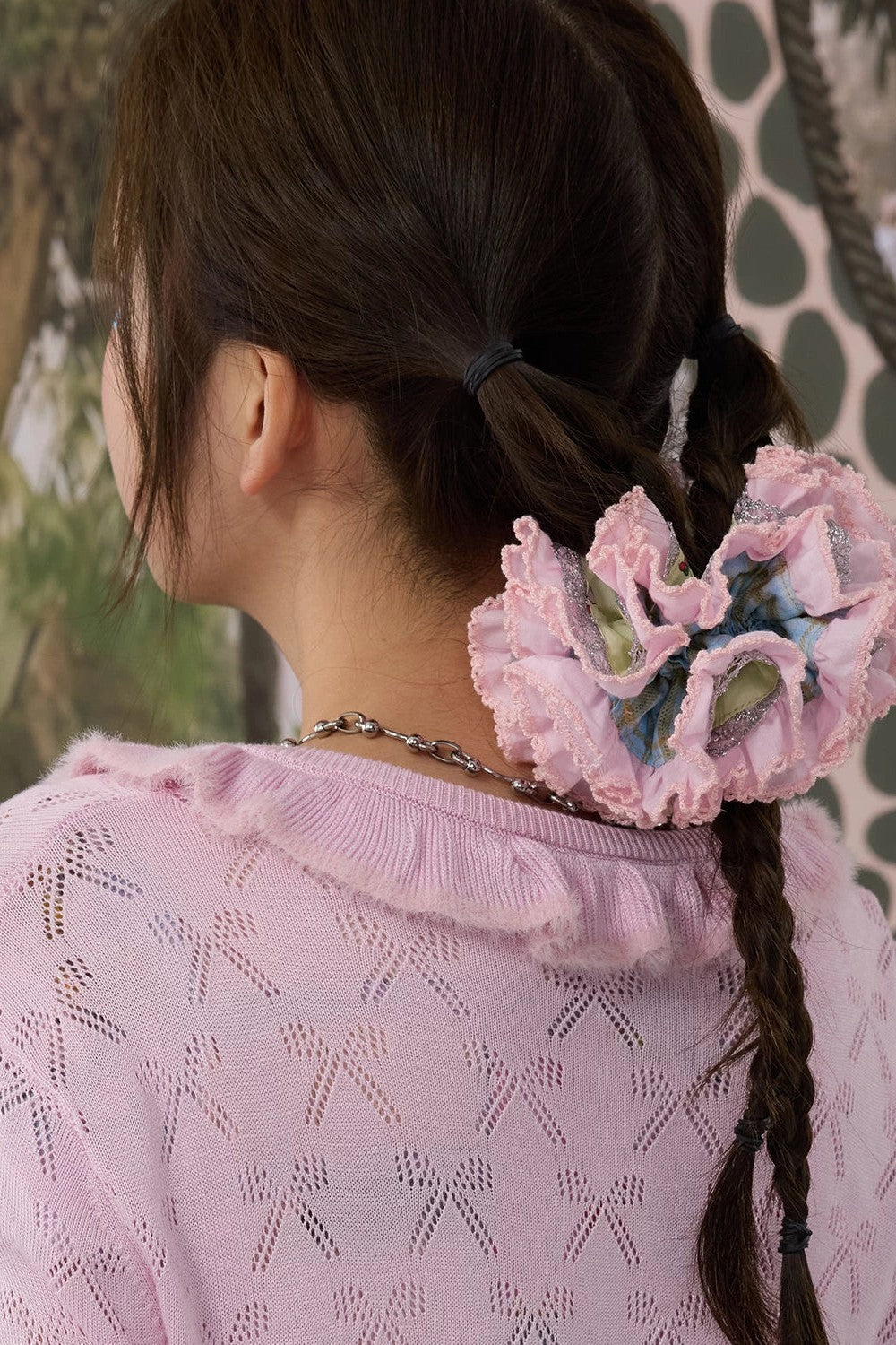 Green and Pink Lace Scrunchie