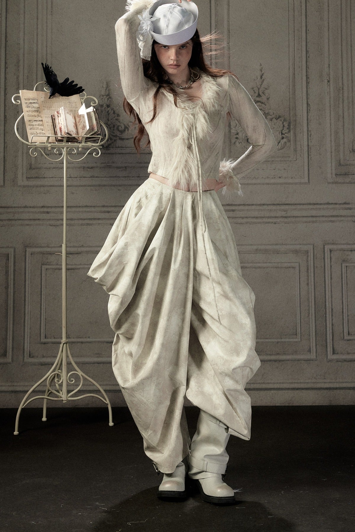Beige Asymmetrical Stacked Long Pants