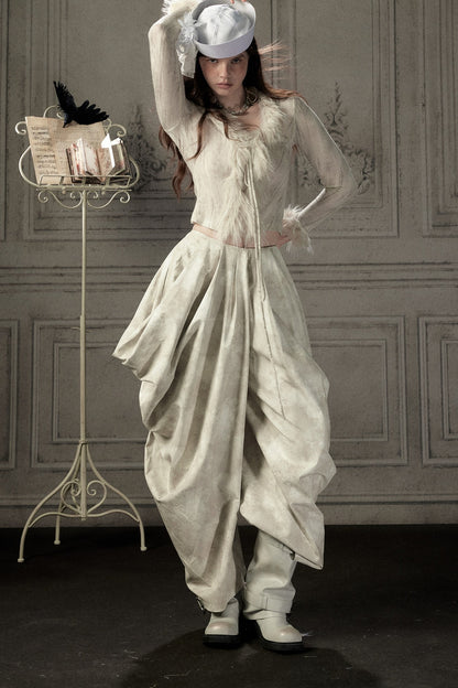 Beige Asymmetrical Stacked Long Pants