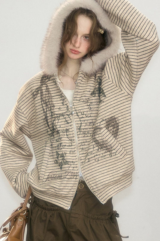 Fur Collar Hooded Striped Graffiti Jacket