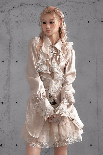 Ruffled Lace Patchwork Satin Blouse