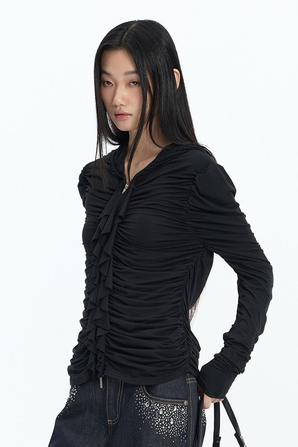 Short Ruffled Modal Hoodie