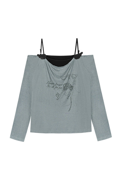 Gray Blue Draped Collar Layered-Look Blouse