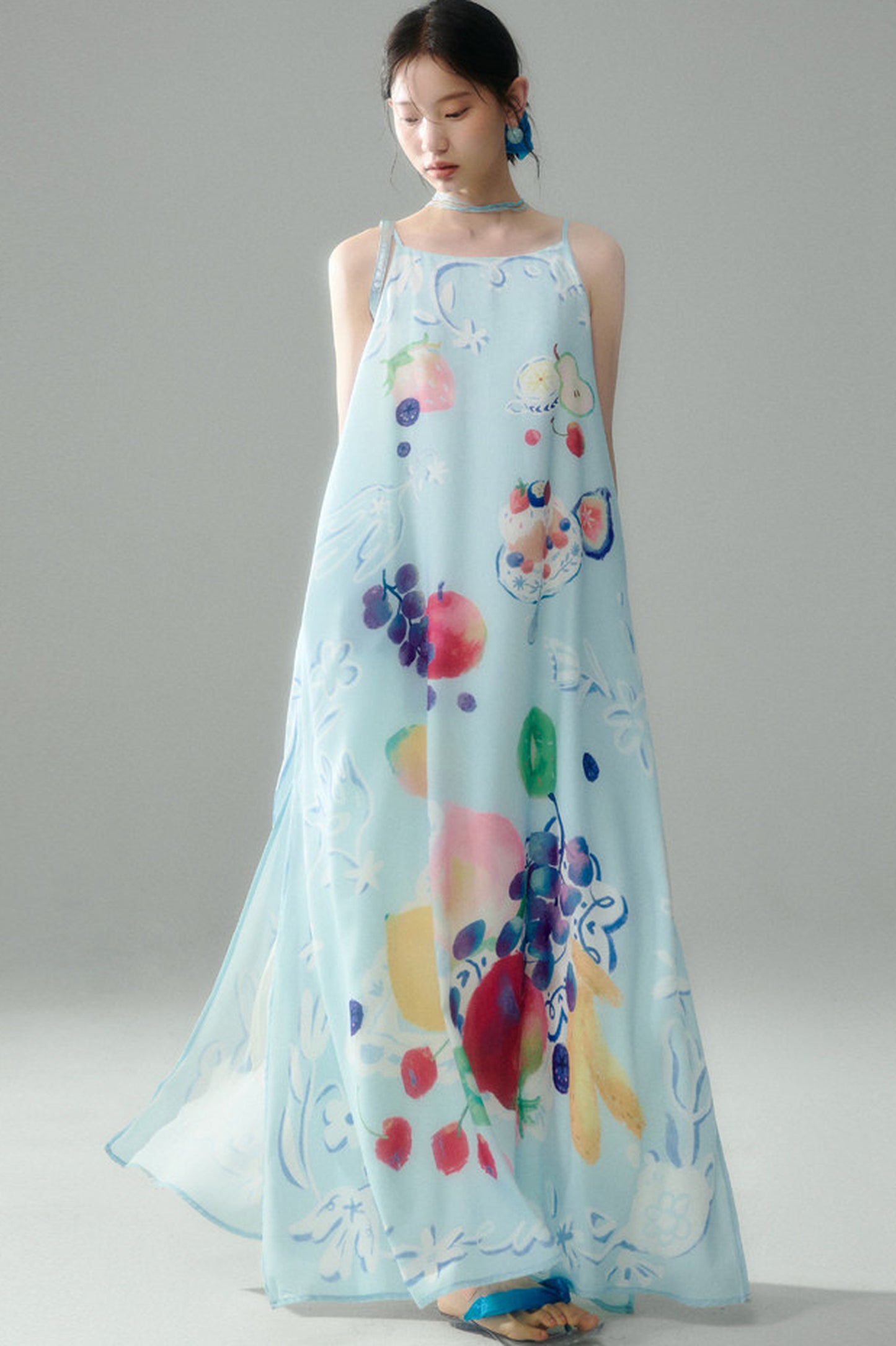 Hand-Painted Fruit Print Slip Dress
