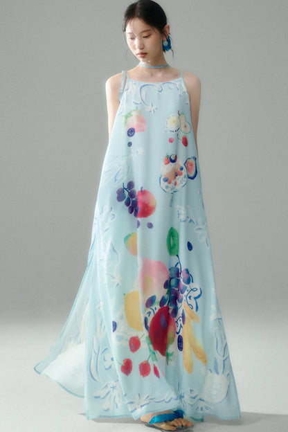 Hand-Painted Fruit Print Slip Dress