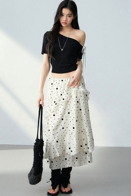 Flocked Polka Dot Ruffled A-Line Skirt and Top Set-Up