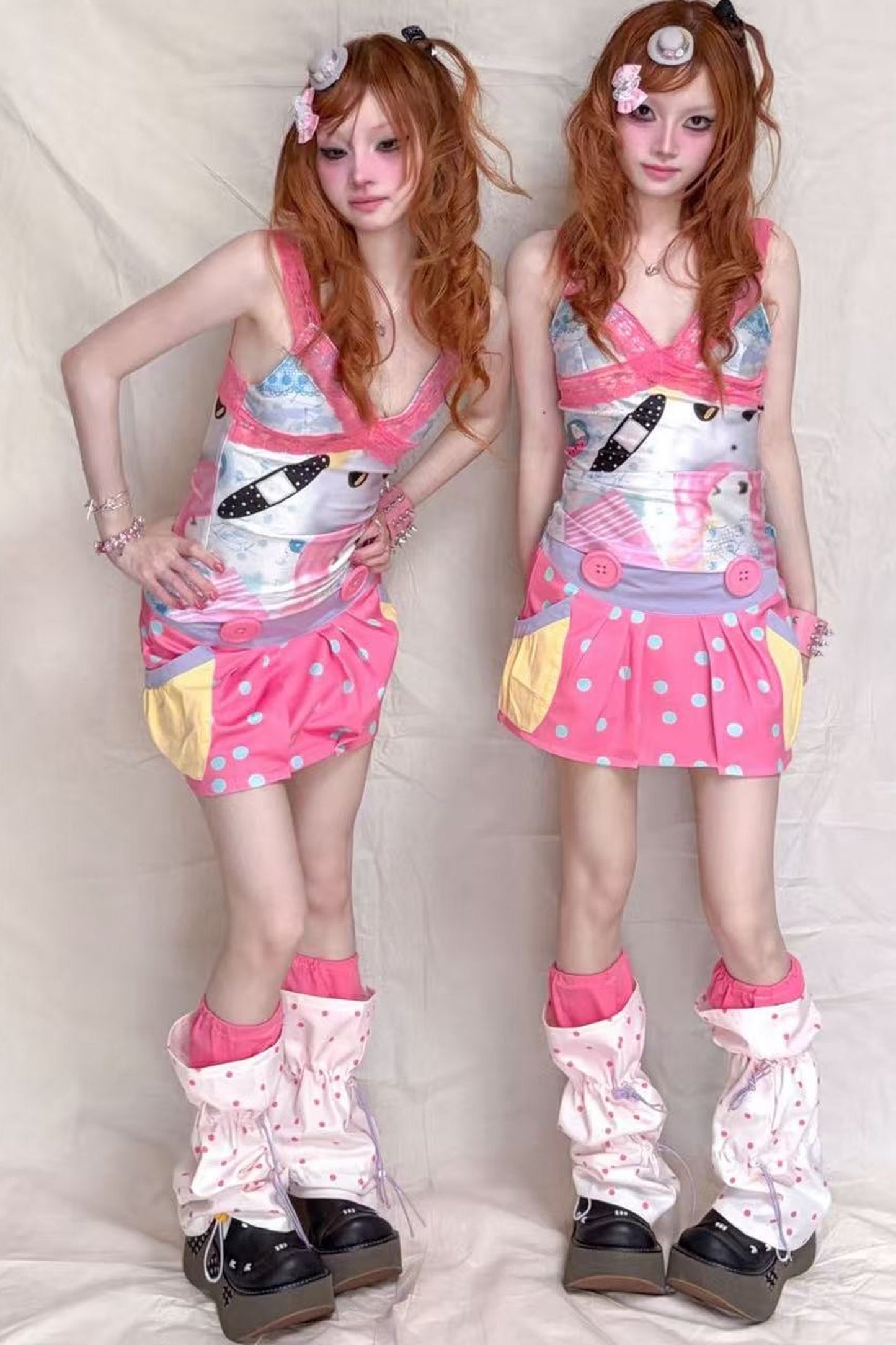 Peach Pink Polka Dot Large Button Low-Waist Skirt