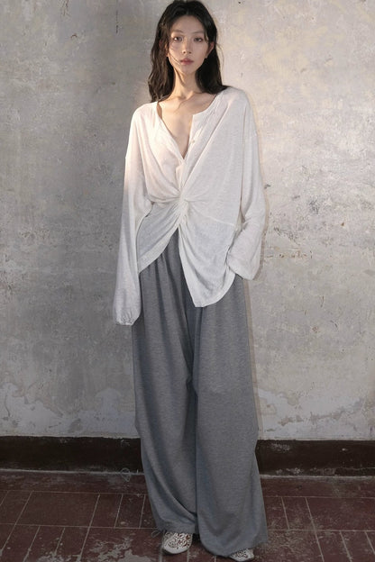 Gray Wide-Leg Pleated Knit Sweatpants