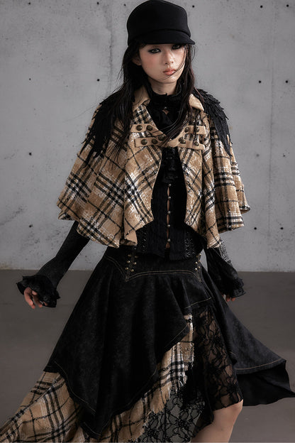 Reversible Wool Blend Plaid Cape