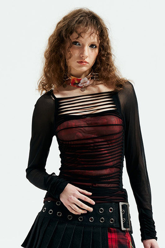 Y2K Long-Sleeve Mesh Cut-Out Top