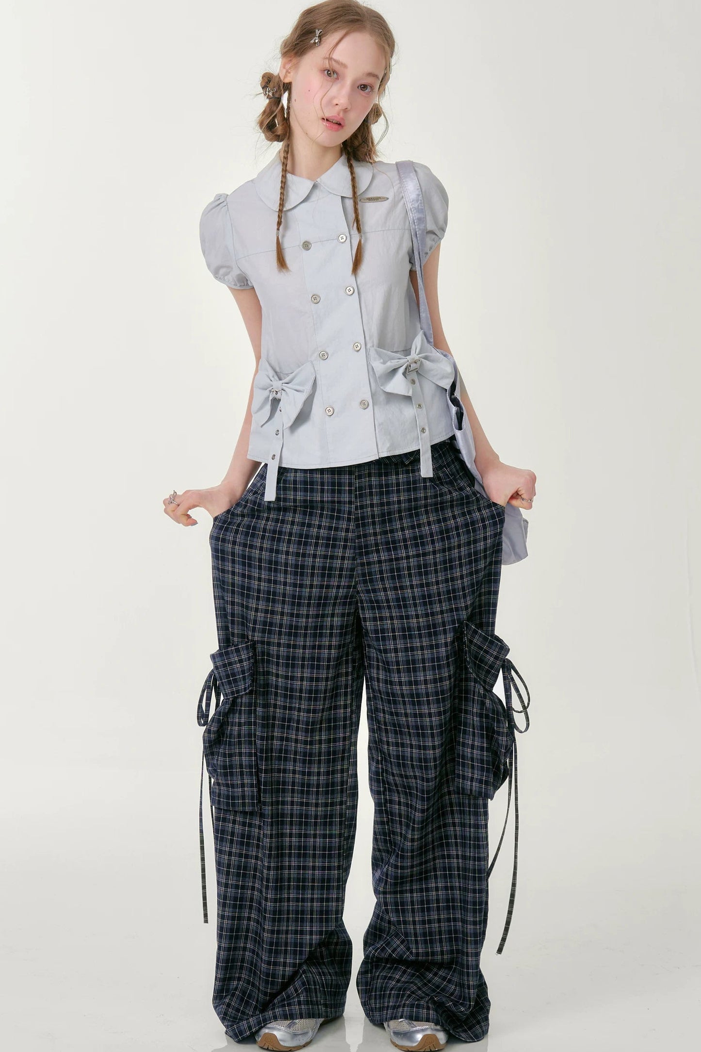 Dark Blue Plaid Wide-Leg Pants