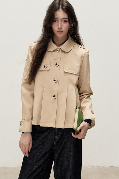 Cream Khaki Pleated A-Line Trench Coat