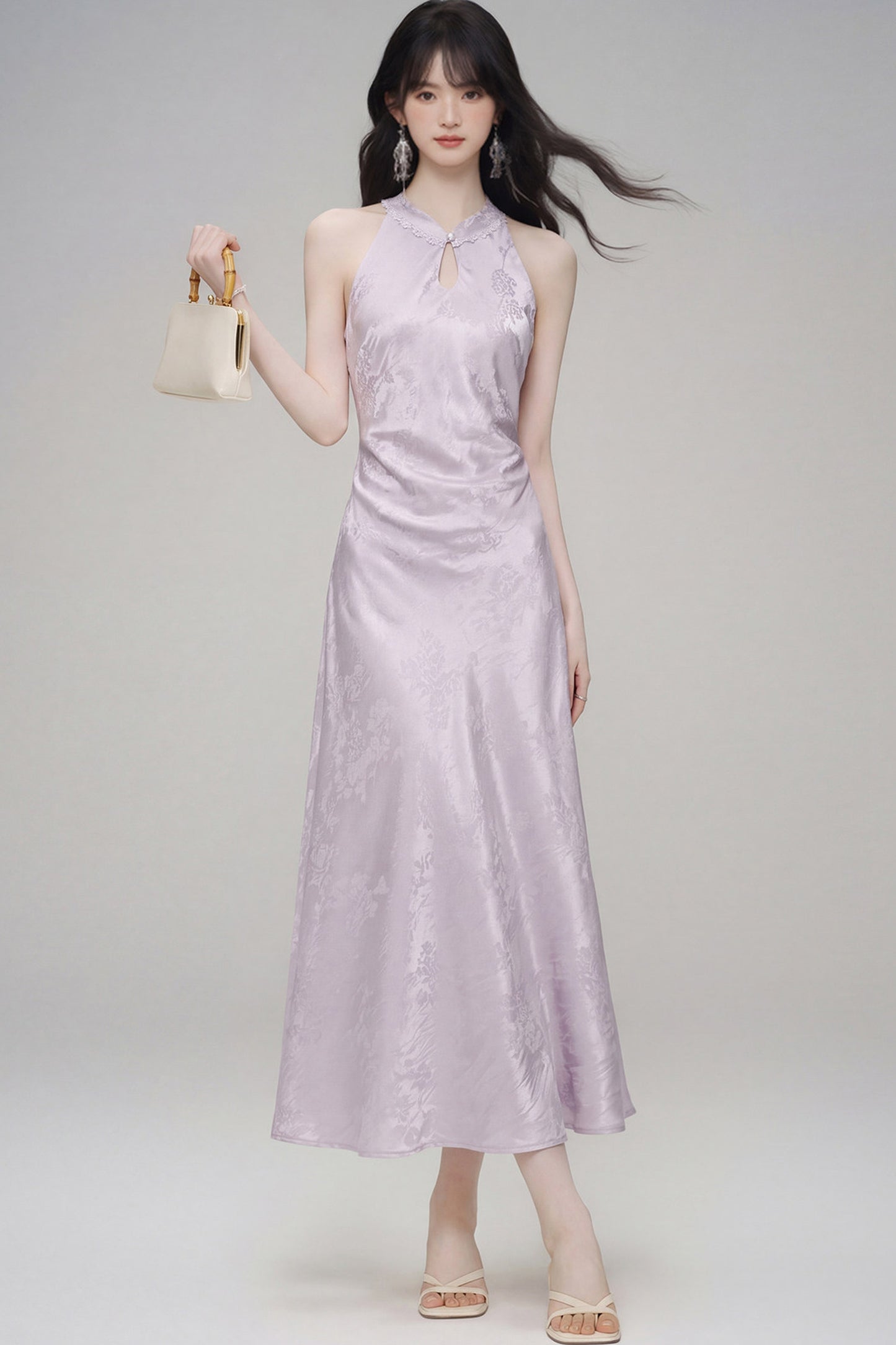 Halter-Neck Jacquard Cheongsam Dress