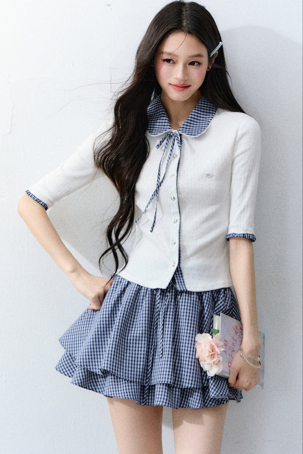 White Plaid Collar Knit Cardigan Set-Up