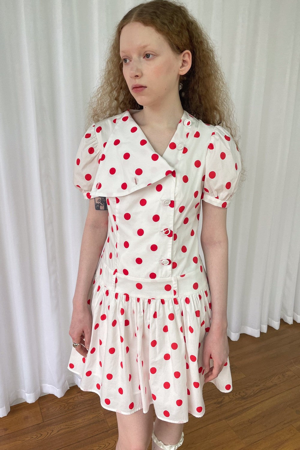 Red Retro Polka Dot Bubble Sleeve Dress
