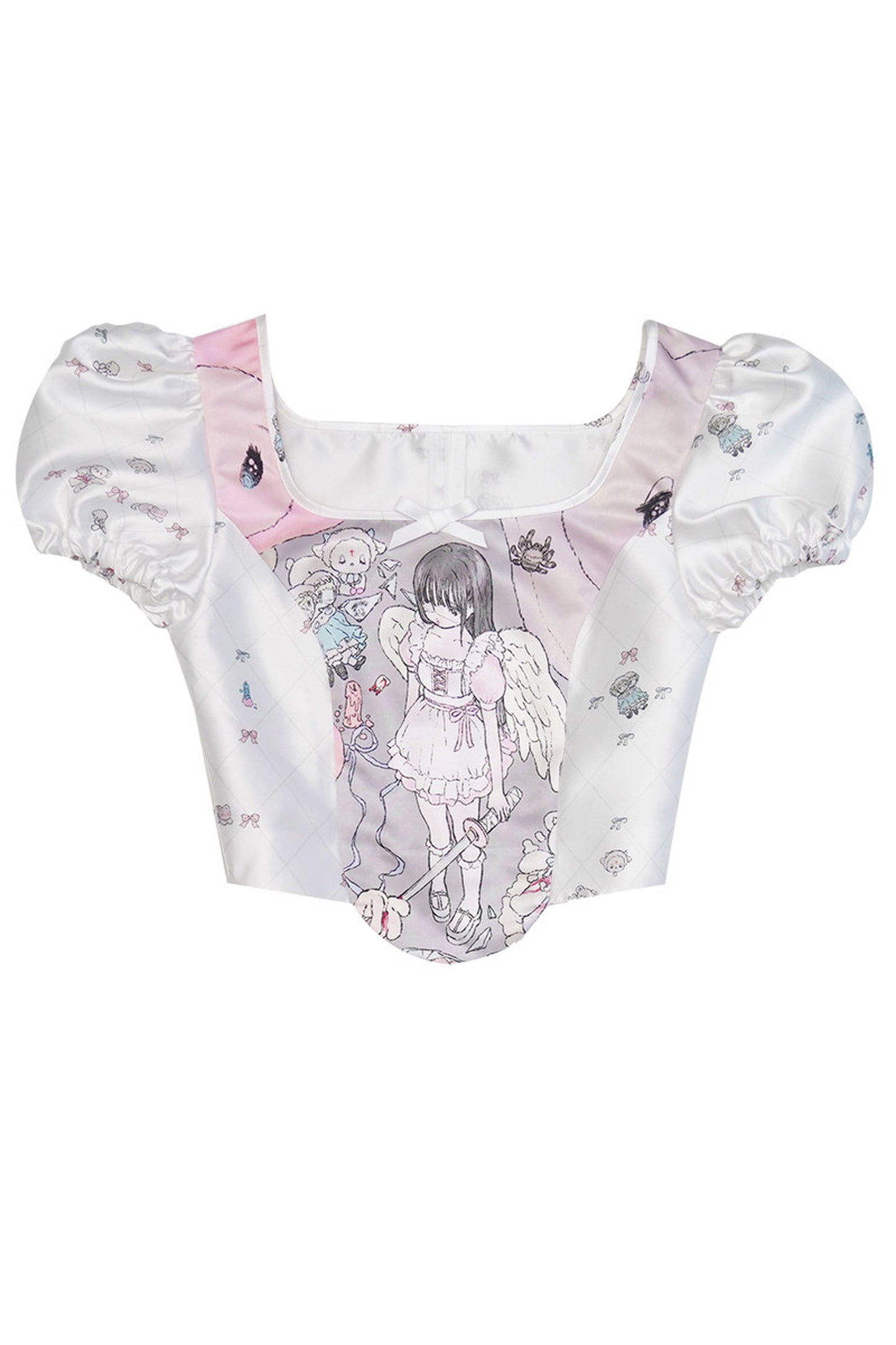 Blusa con stampa angeli e maniche a sbuffo