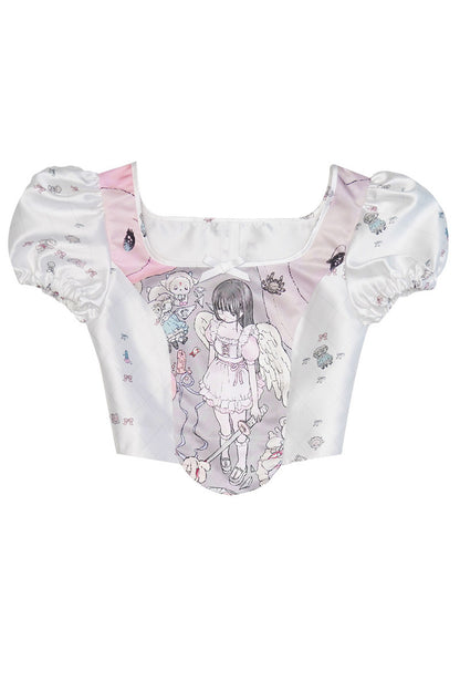 Blusa con stampa angeli e maniche a sbuffo