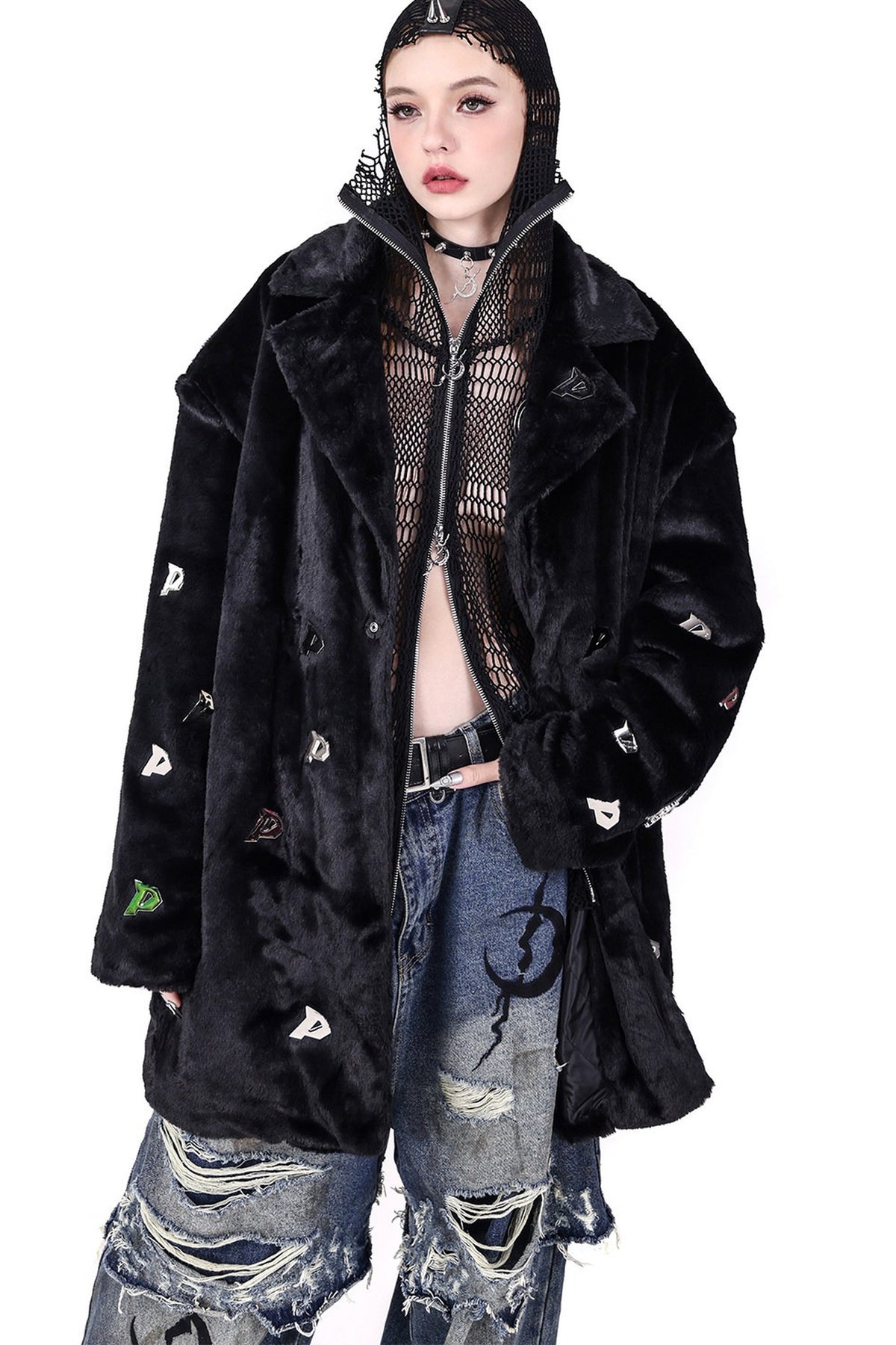 Rivet Hooded Mesh Patch Embroidery Jacket