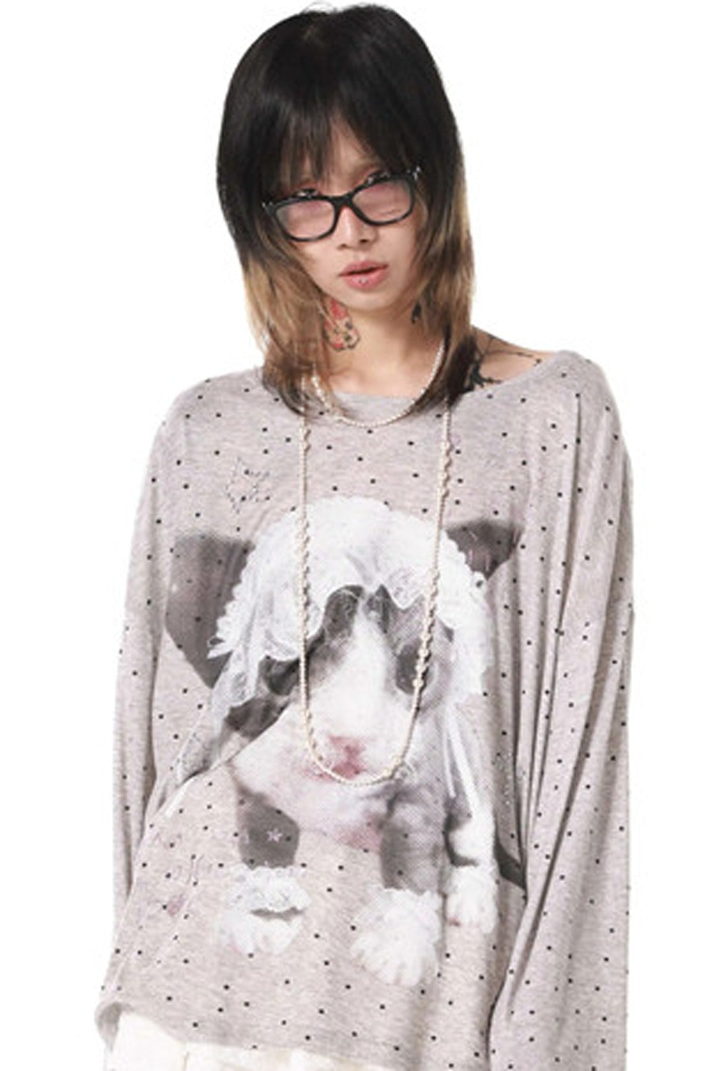 Polka Dot Cat Rhinestone Long-Sleeved T-Shirt