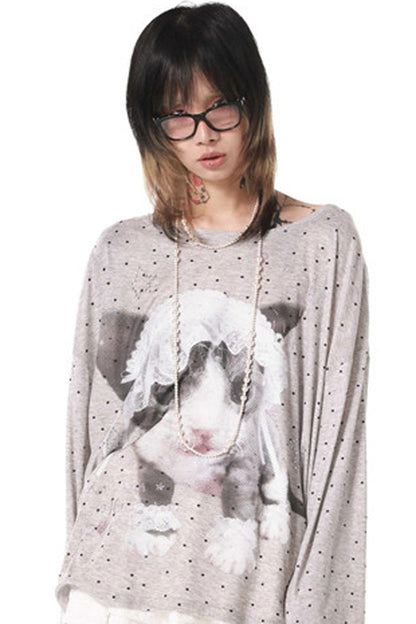 Polka Dot Cat Rhinestone Long-Sleeved T-Shirt
