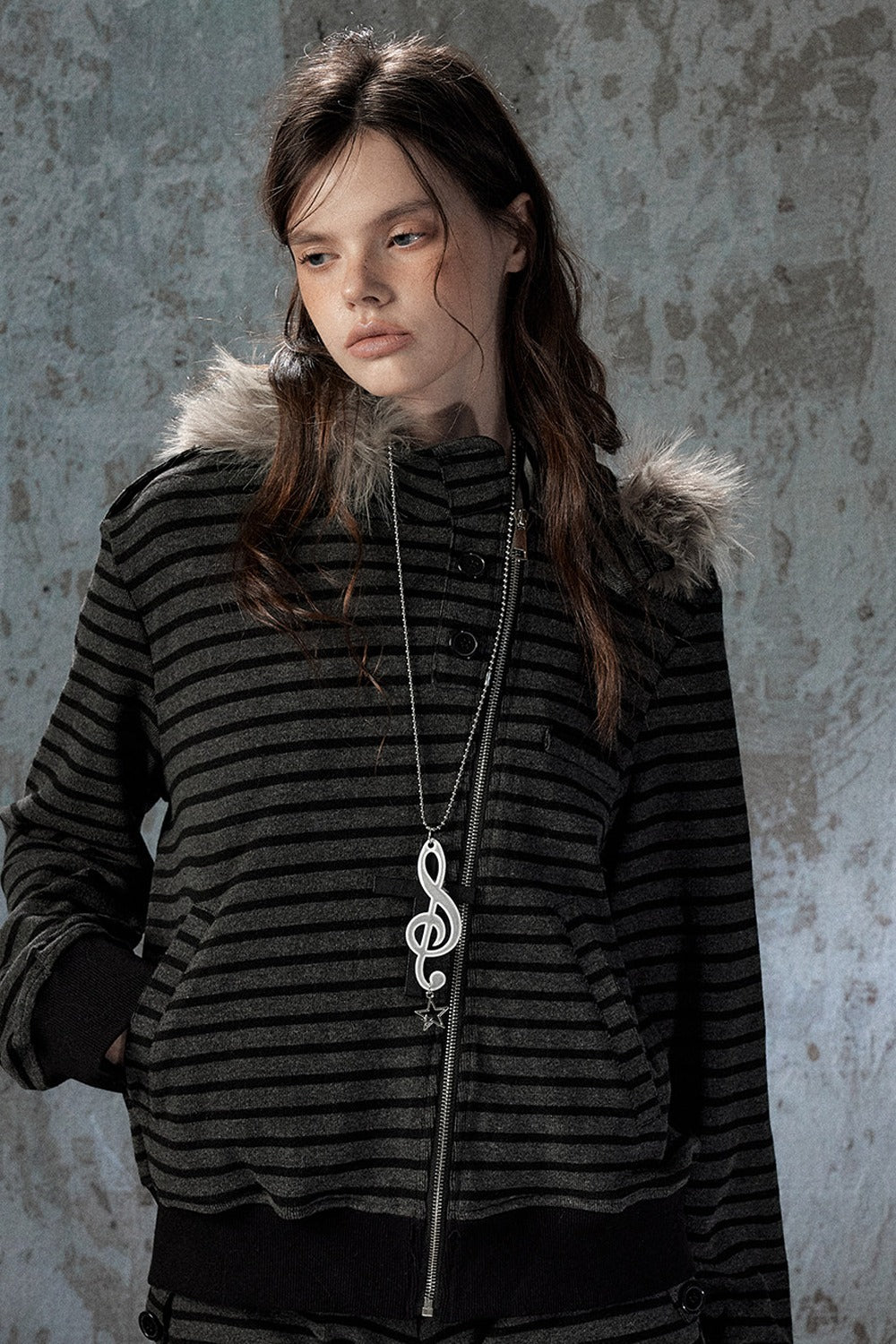 Fur Collar Striped Jacket