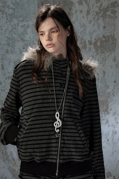 Fur Collar Striped Jacket