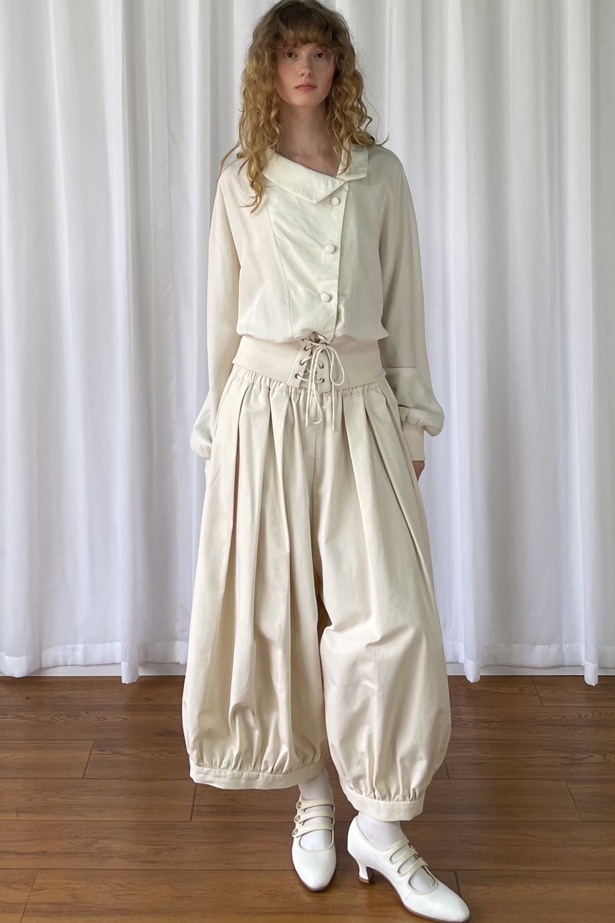 Beige Wide-Leg Lantern Pants