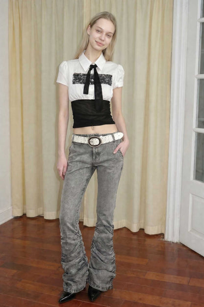 White Lace Panel Tie Shirt