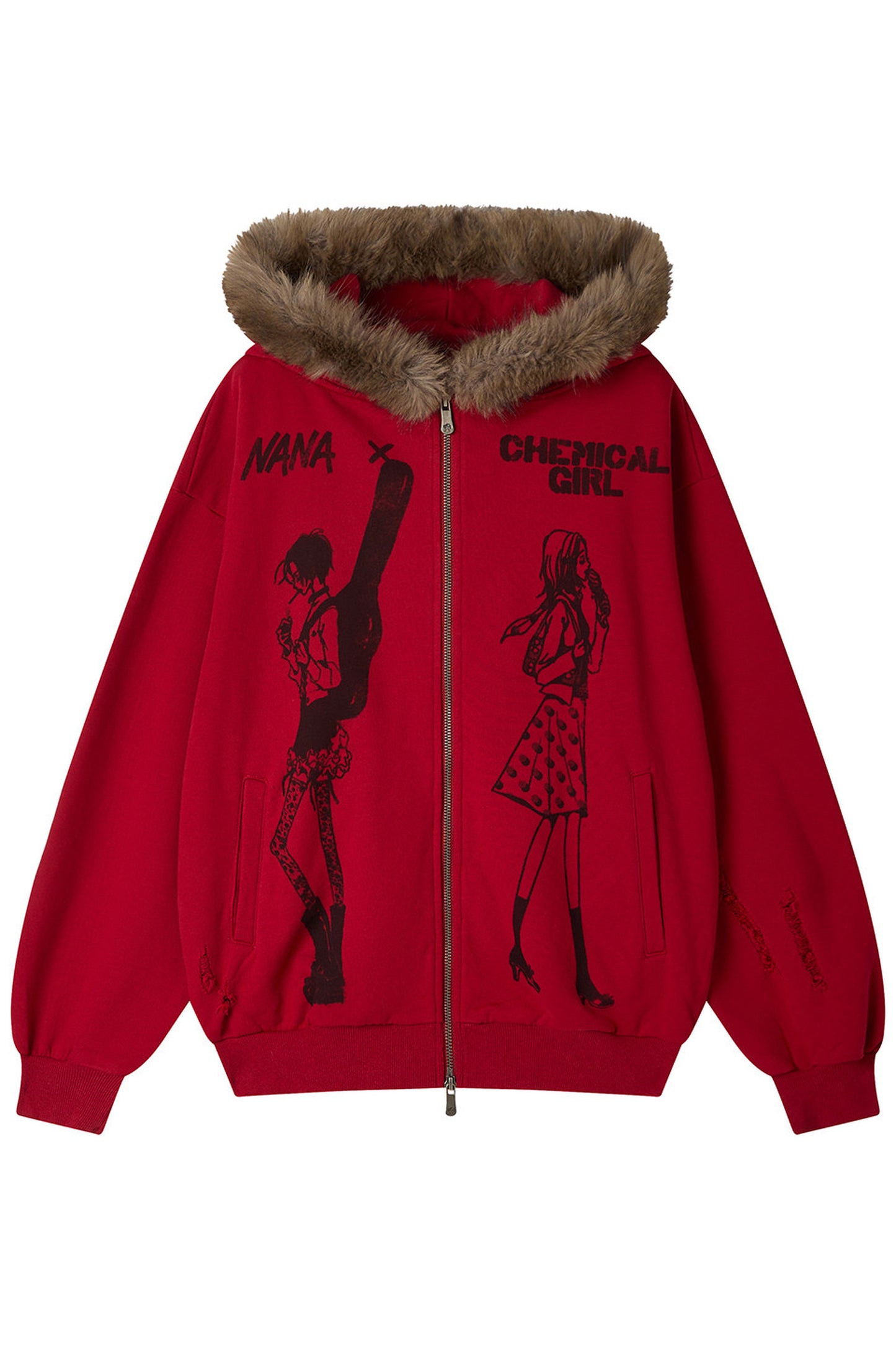 Distressed Fur Collar Hooded Cardigan