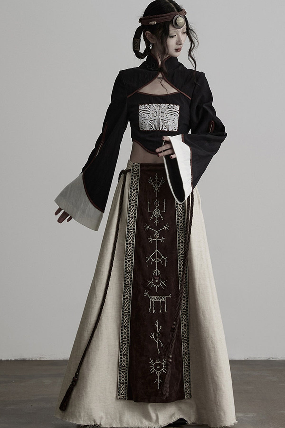 Embroidered Suede Panel Skirt