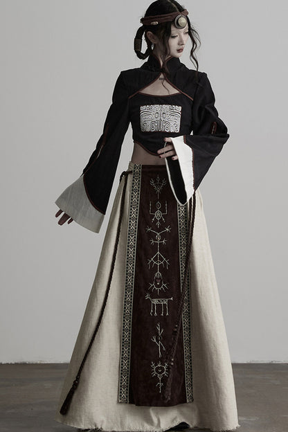 Embroidered Suede Panel Skirt