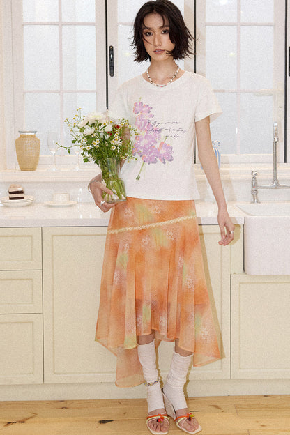 Irregular Lace Trim Chiffon Skirt