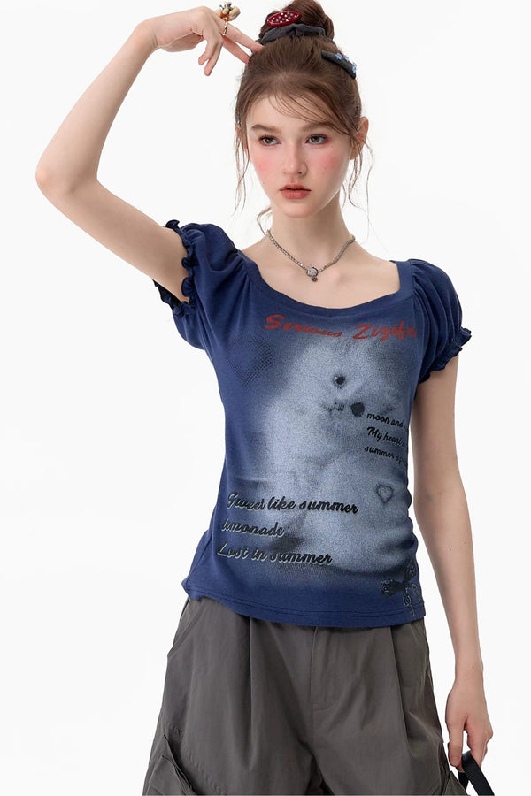 Dark Blue Puff Sleeve T-Shirt