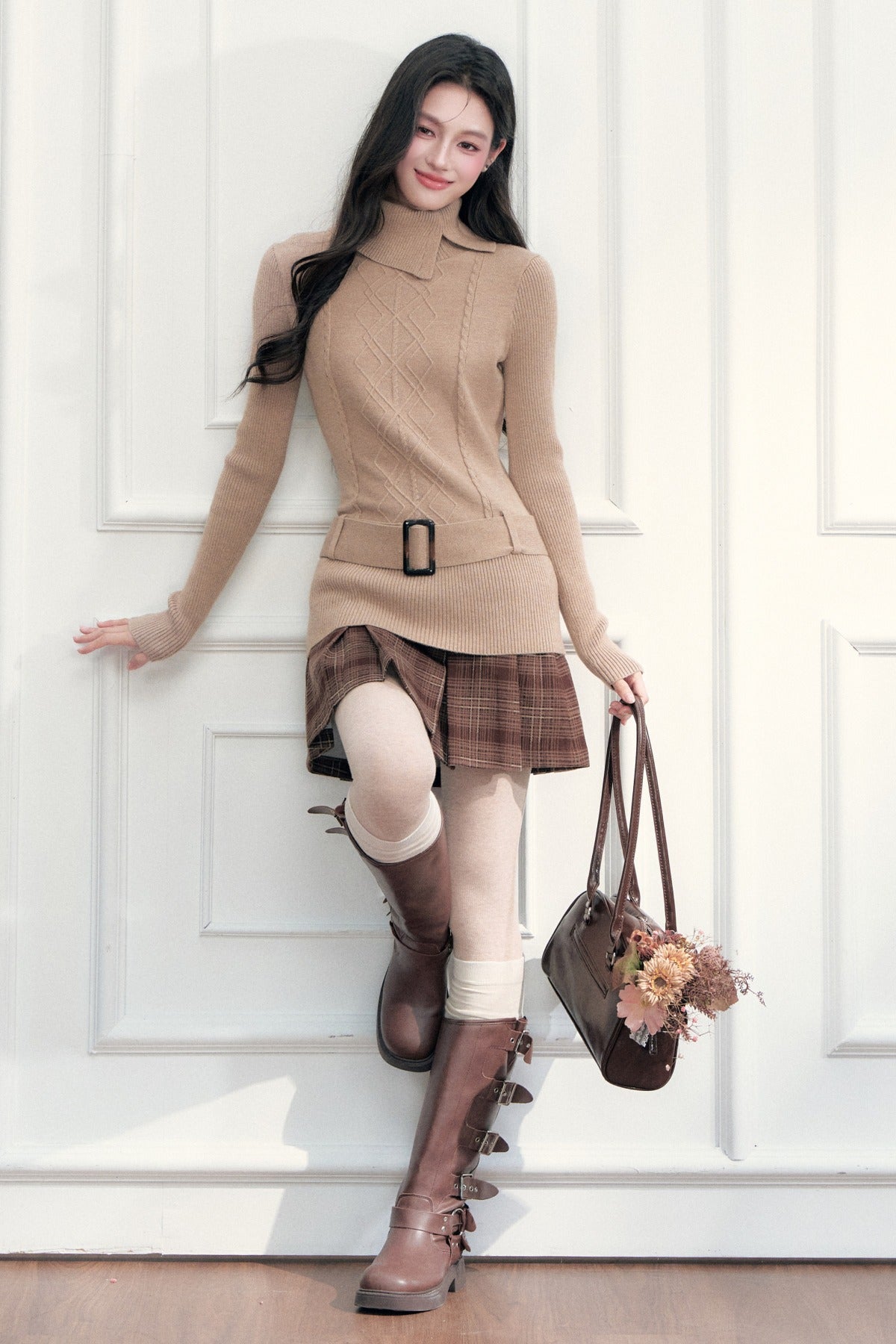 Retro High-Neck Belted Cable Knit Sweater