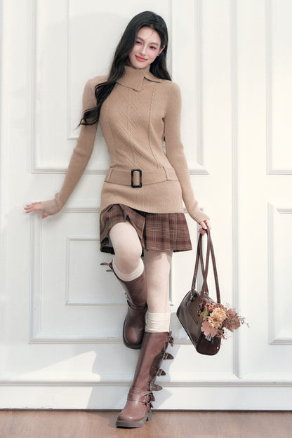 Retro High-Neck Belted Cable Knit Sweater