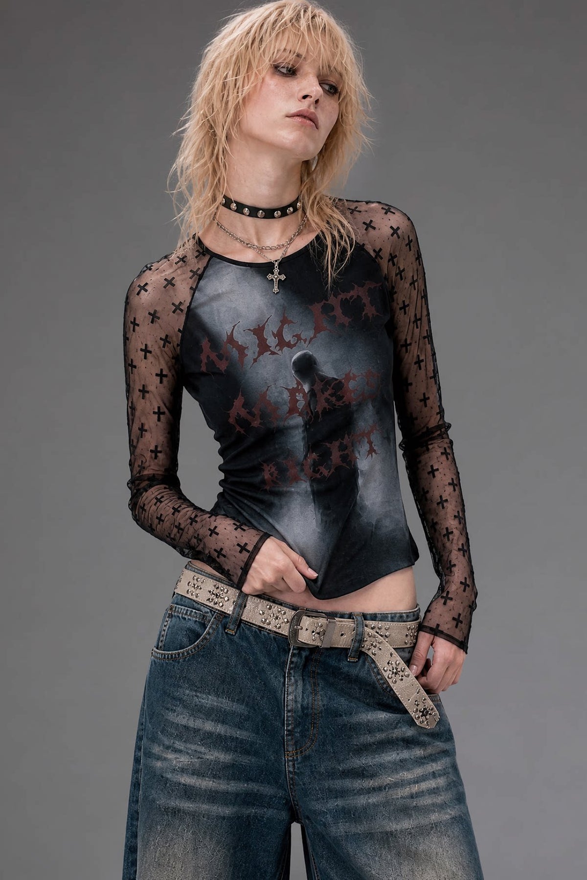 Letter Print Long-Sleeve Mesh Top