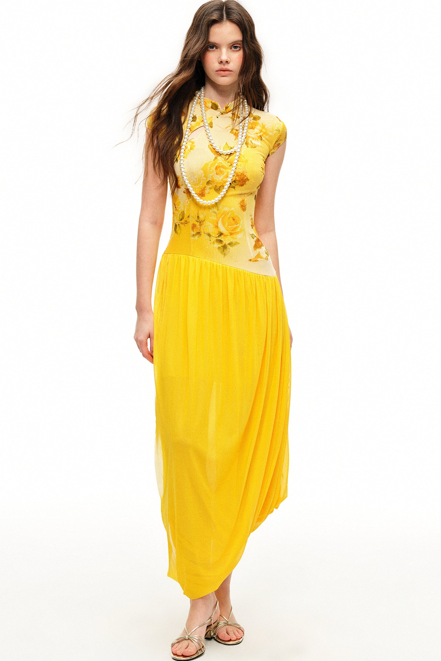 Yellow Rose Print Mesh Qipao Long Dress