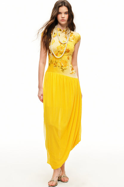 Yellow Rose Print Mesh Qipao Long Dress